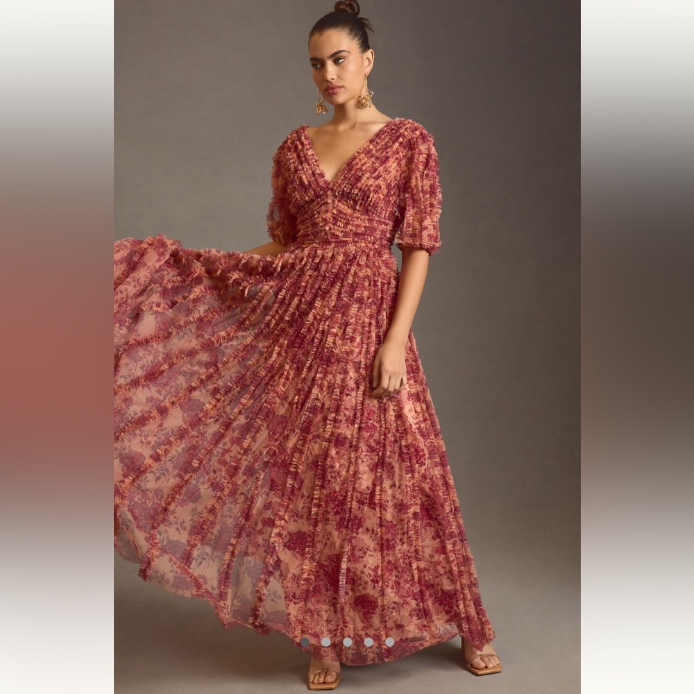 Mac Duggal V-Neck Ruffled Mesh Dress NWT